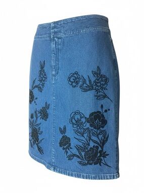 Liz Claiborne Blue Denim A-Line Skirt with Black Flocked Velvet Flowers